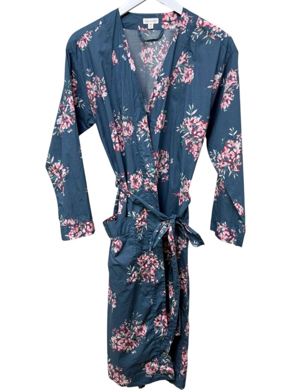 Garnet Hill Organic Cotton Robe XS Womens Blue Floral Wrap Kimono Bathrobe